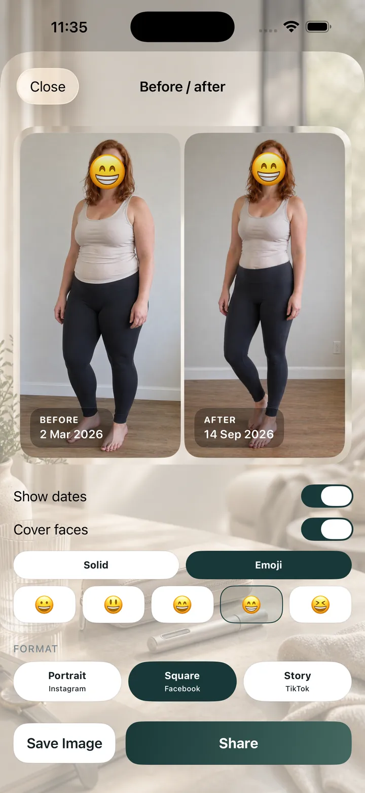 OneGLP: Make a before-and-after image. Cover faces and choose what to share.