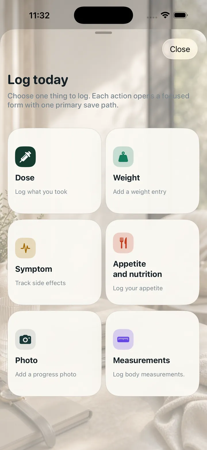OneGLP: Choose what to record: a dose, weight, symptoms, nutrition, a photo or measurements.