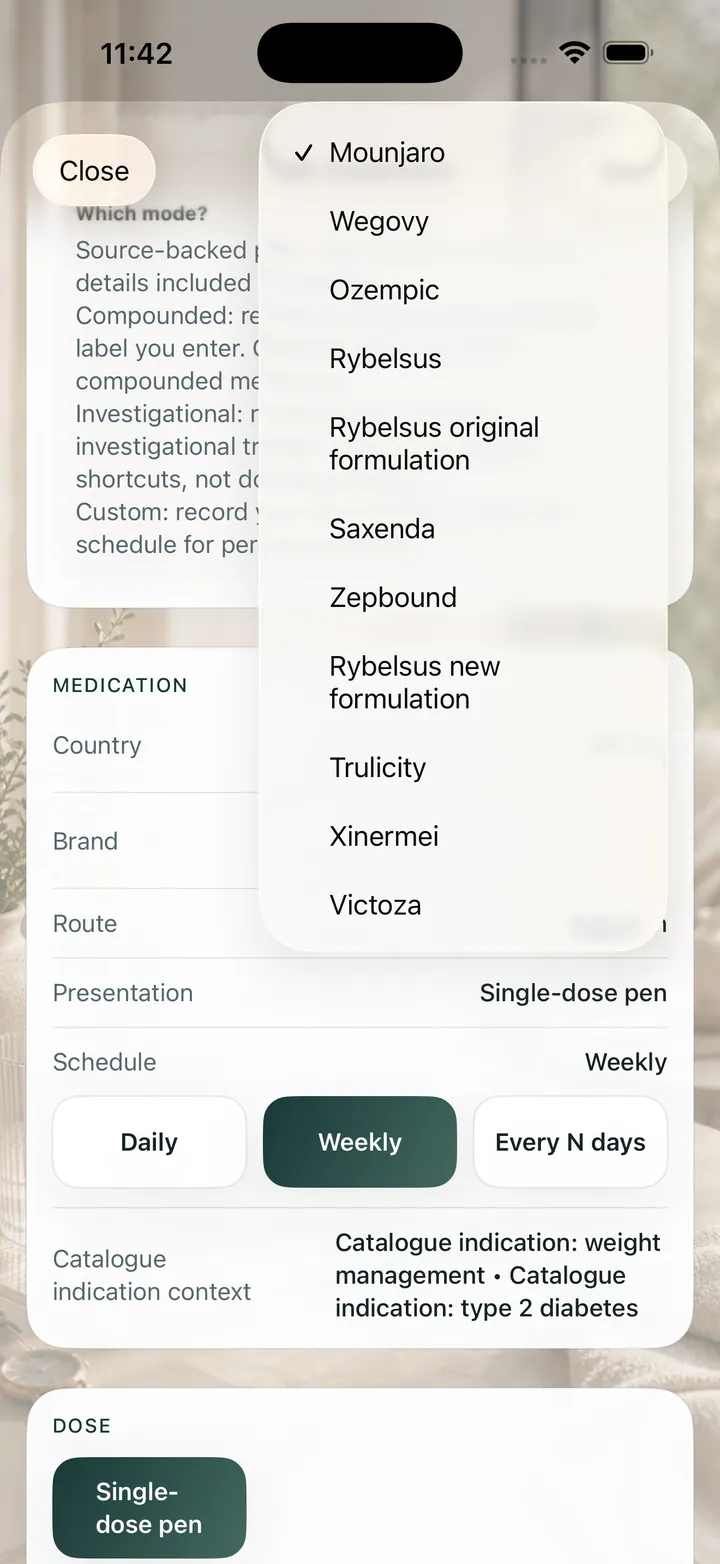 OneGLP: Browse medicine names during setup.