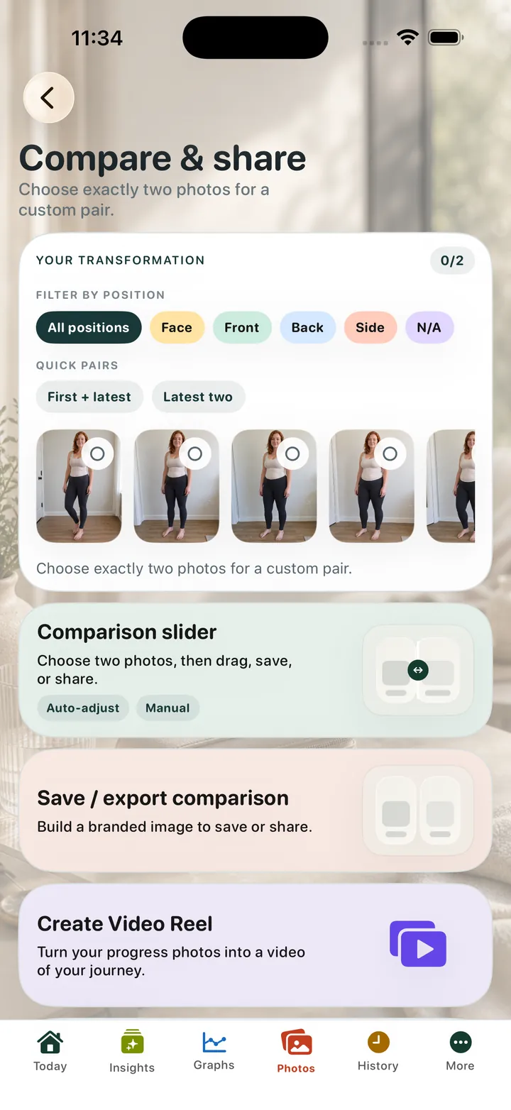 OneGLP: Choose two photos to compare, save or share.